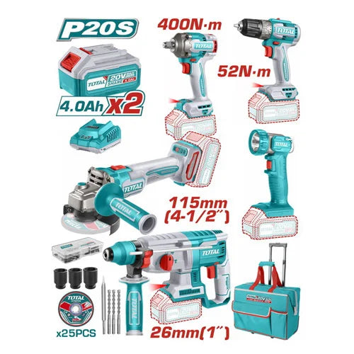 TOTAL 20V COMBO 5Pc Drill 52Nm+I/W400Nm+Grinder+Hammer+Lamp TCKLI2058