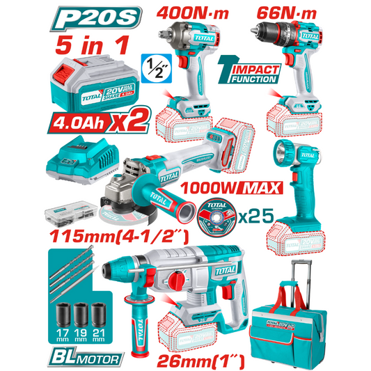 TOTAL 20V COMBO 5PCDrill 66Nm+W400Nm+Grinder+R/Hamm+Lamp-TCKLI20592 (SP)