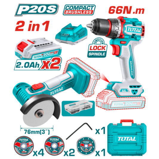 TOTAL 20V COMBO 2PC Drill 66nm 13mm+C/Off 2X2AH+Charger – TCKLI20766