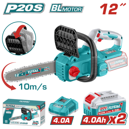 TOTAL 20V Chain Saw 12″ 2X4AH+Charger (KIT) B/L – TGSLI201262