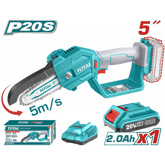 A TOTAL brand lithium-ion pruner saw with a 20V battery, in blue and gray color, with a 5-inch bar and chain, accompanied by a wrench, oil bottle, and packaging. chainsaw