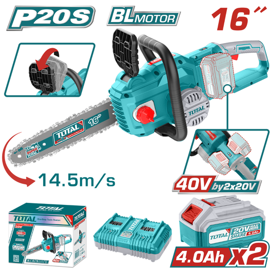TOTAL 20V/40V Chain Saw 16″ 2X4AH+Charger (KIT) – TGSLI401682