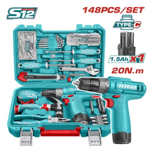 TOTAL 12V Drill 20nm + 148Pc Tool Set – THKTHP41487
