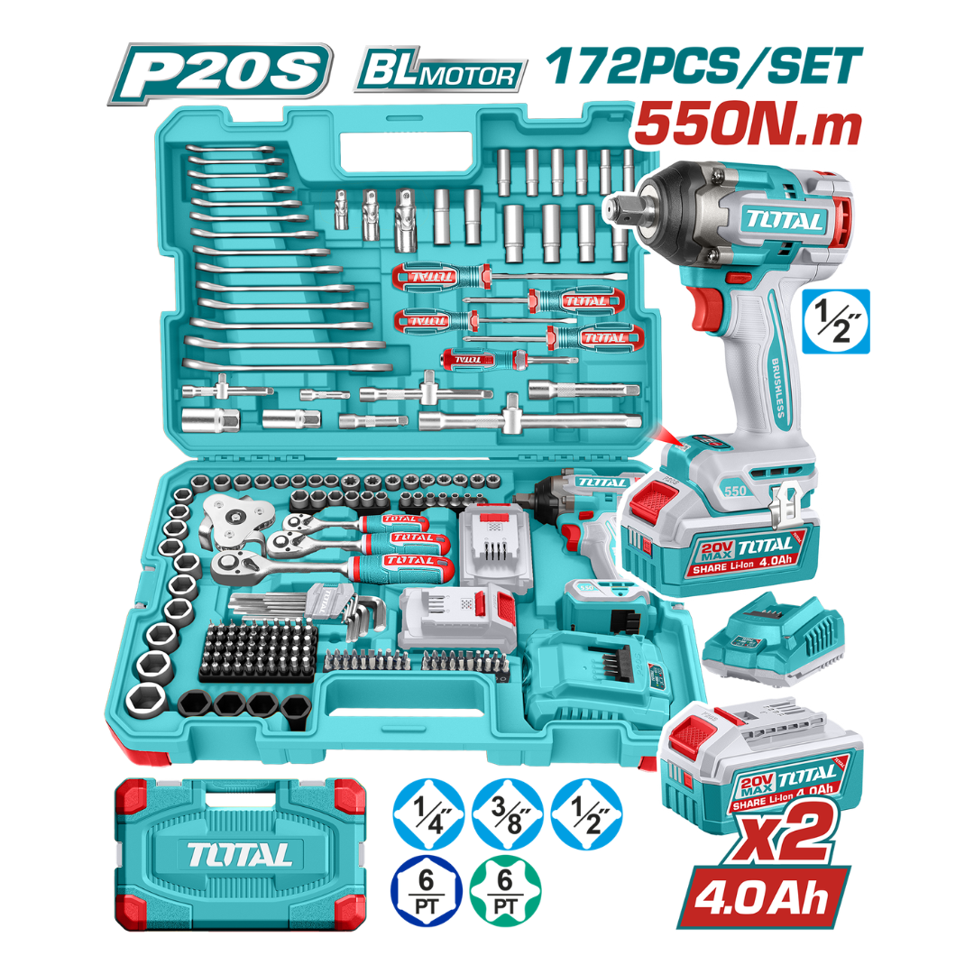 TOTAL 20V Imp Wrench 550nm+Toolkit Set 172pcs – THKTHP41728