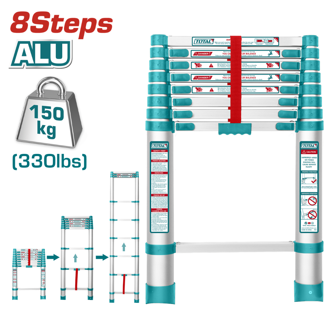 Total Ladder – Alum Telescopic Ext 2.5m x 8 Step 150kg – THLAD08081