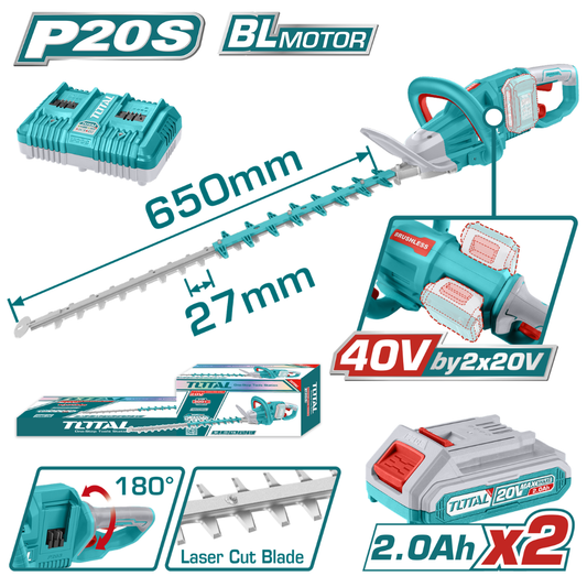 TOTAL 20V/40V Hedge Trimmer 650mm 2X2AH+Charger (KIT) – THTLI400282