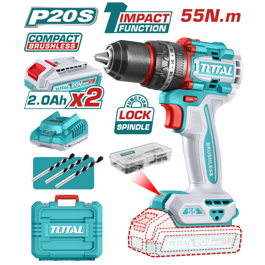 TOTAL 20V Drill Impact 13mm 55Nm B/L 2X2AH+Charger (KIT) – TIDLI20558