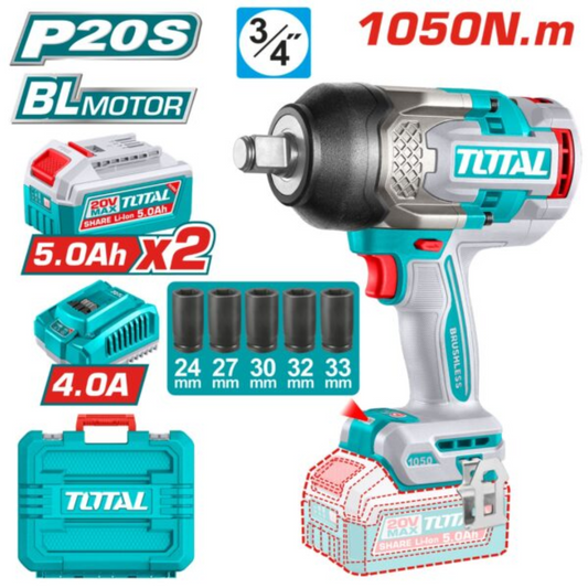TOTAL 20V Impact Wrench 3/4d 1050nm+2x5AH+Chrg+Acc (KIT) – TIWLI20105