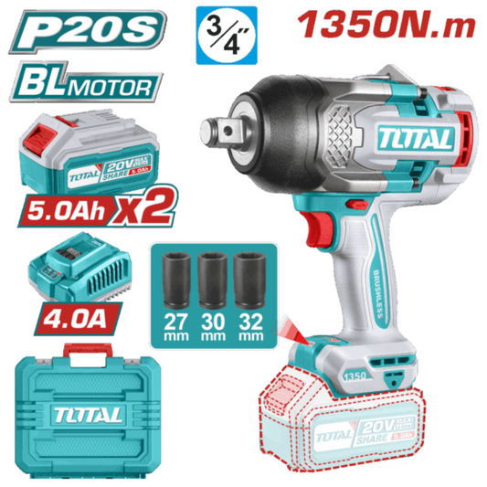 TOTAL 20V Impact Wrench 1350nm 2x5AH+Charger (KIT) 3/4 dr – TIWLI20135