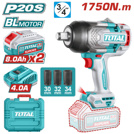 TOTAL 20V Imapct Wrench 1750nm 3/4dr 2x8AH+Charger+Acc – TIWLI20175