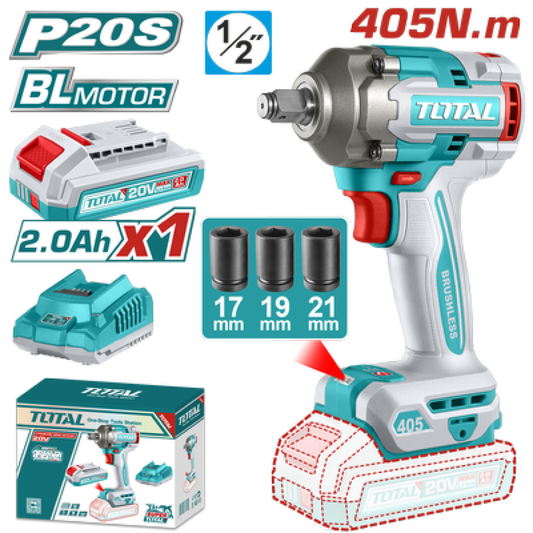 TOTAL 20V Impact Wrench 405nm 1/2dr 1X2AH+Charger+Acc (KIT)-TIWLI20455