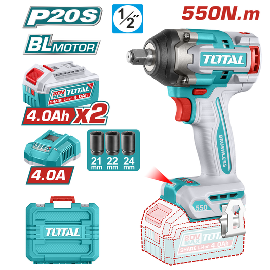 TOTAL 20V Impact Wrench 550nm 1/2dr 2X4AH+Charger+Acc (KIT)-TIWLI2055