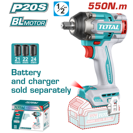 TOTAL 20V Impact Wrench 550nm 1/2dr SOLO – TIWLI20551