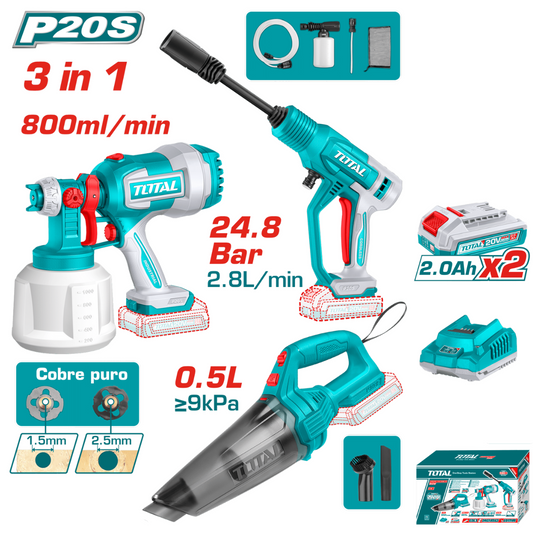 TOTAL 20V COMBO 3PC Spray Gun+HP Spray+Vacuum+2x2AH-TOSLI230522 (SP)