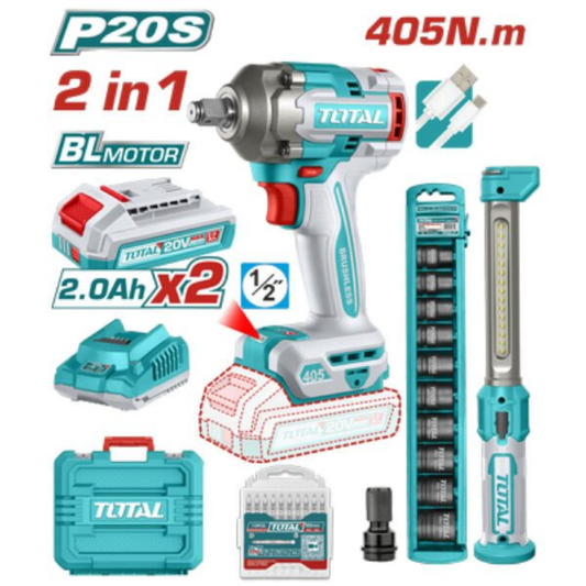 TOTAL 20V COMBO 2PC Impact Wrench 405Nm+Work Lamp – TOSLI23056