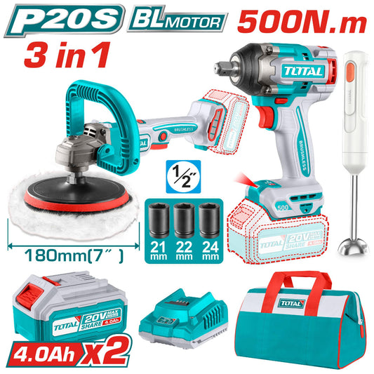 TOTAL 20V Combo 3Pc Imp Wrch 500nm-Polis+Blender 2x4Ah TOSLI240686 (SP)