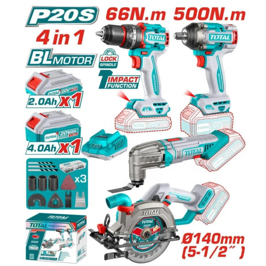 TOTAL 20V COMBO 4Pc Drill 66nm+I/Wrch500n+M/Tool+Saw140-TOSLI241169SP