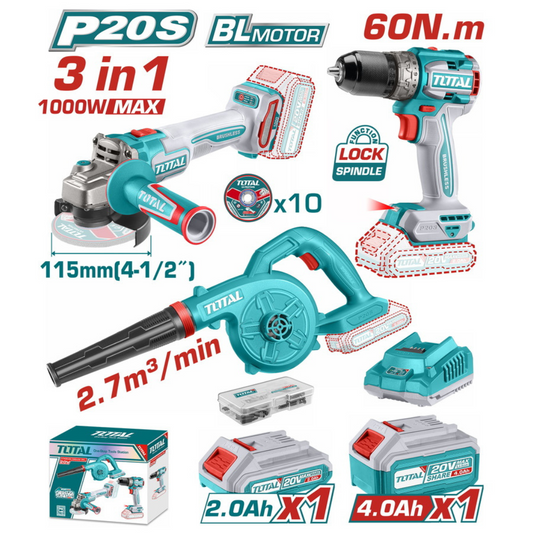TOTAL 20V Combo 3PC Drill60nm13mm+Grinder115mm+Blower TOSLI241192
