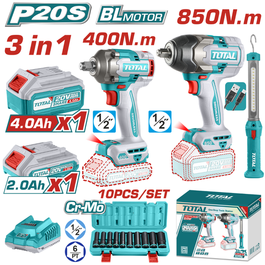 Total 20V COMBO 3PC 2xImpact Wrench 400+850nm +W/Lamp-TOSLI241195