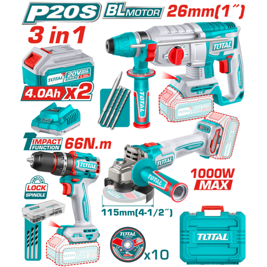 TOTAL 20V COMBO 3PC IMP DRILL, R/HAMMER, GRINDER TOSLI241198