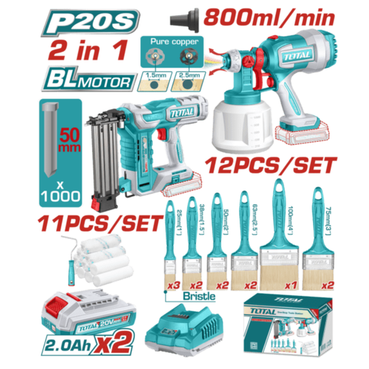 TOTAL 20V COMBO 2PC Brad Nail+Spray Gun+ Paint Brush Set – TOSLI250601