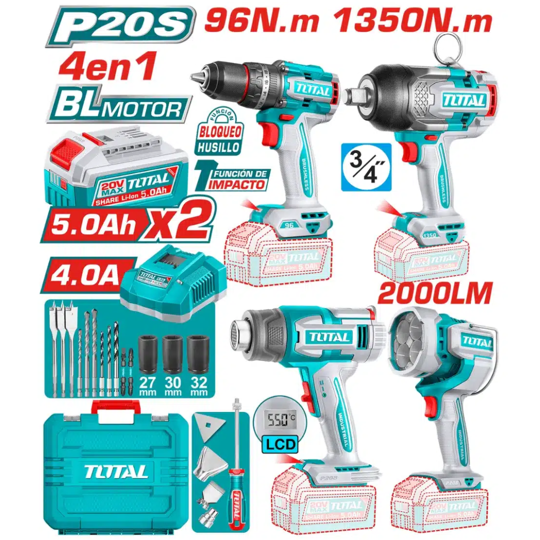 TOTAL 20V COMBO 4PC Drill 96nm+I/Wrench 1350nm HGun+Lamp-TOSLI250608