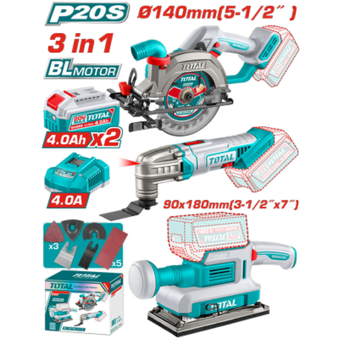 TOTAL 20V COMBO 3PC Sander+Mult-Tool+C/Saw 140mm+2X4AH – TOSLI250781