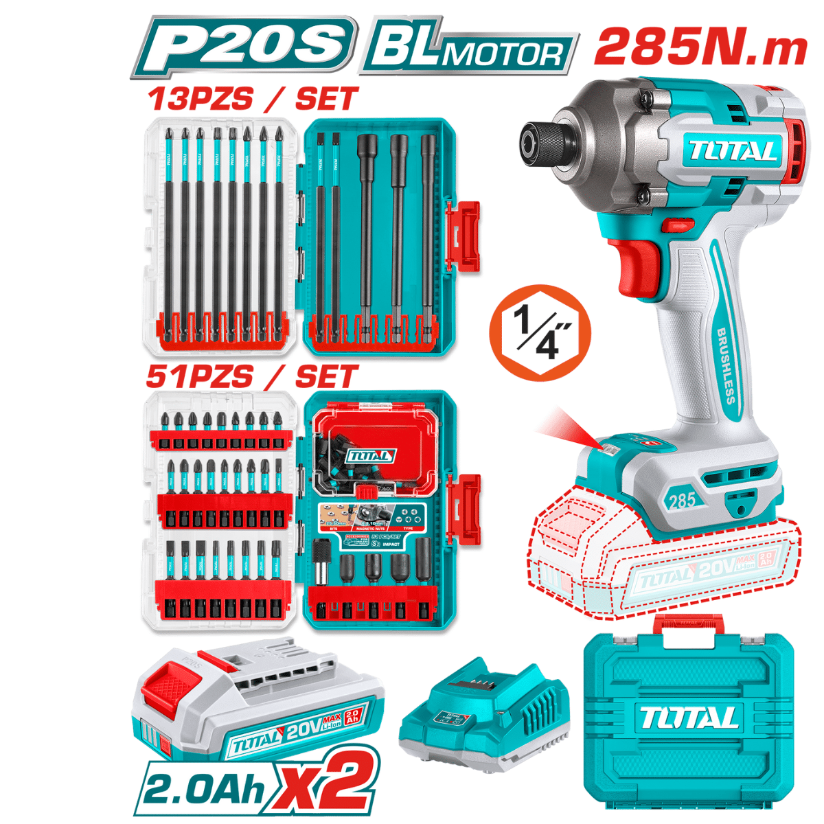 TOTAL 20V Impact Driver 285Nm (KIT) – TOSLI250784