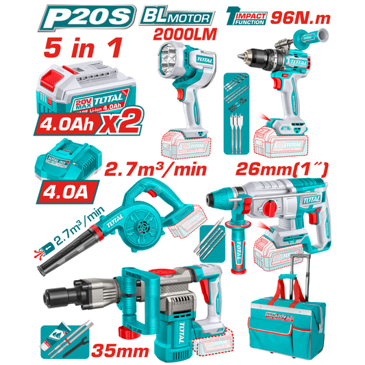 TOTAL 20V COMBO 5PC Drill 96nm+R/Ham+Breaker+Blower+Torc-TOSLI251083