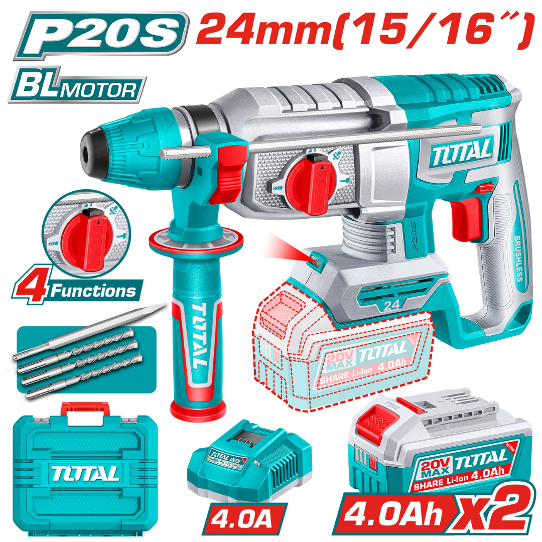 TOTAL 20V Rotary Hammer 24mm 2X4AH+Charge (KIT)-TRHLI202482
