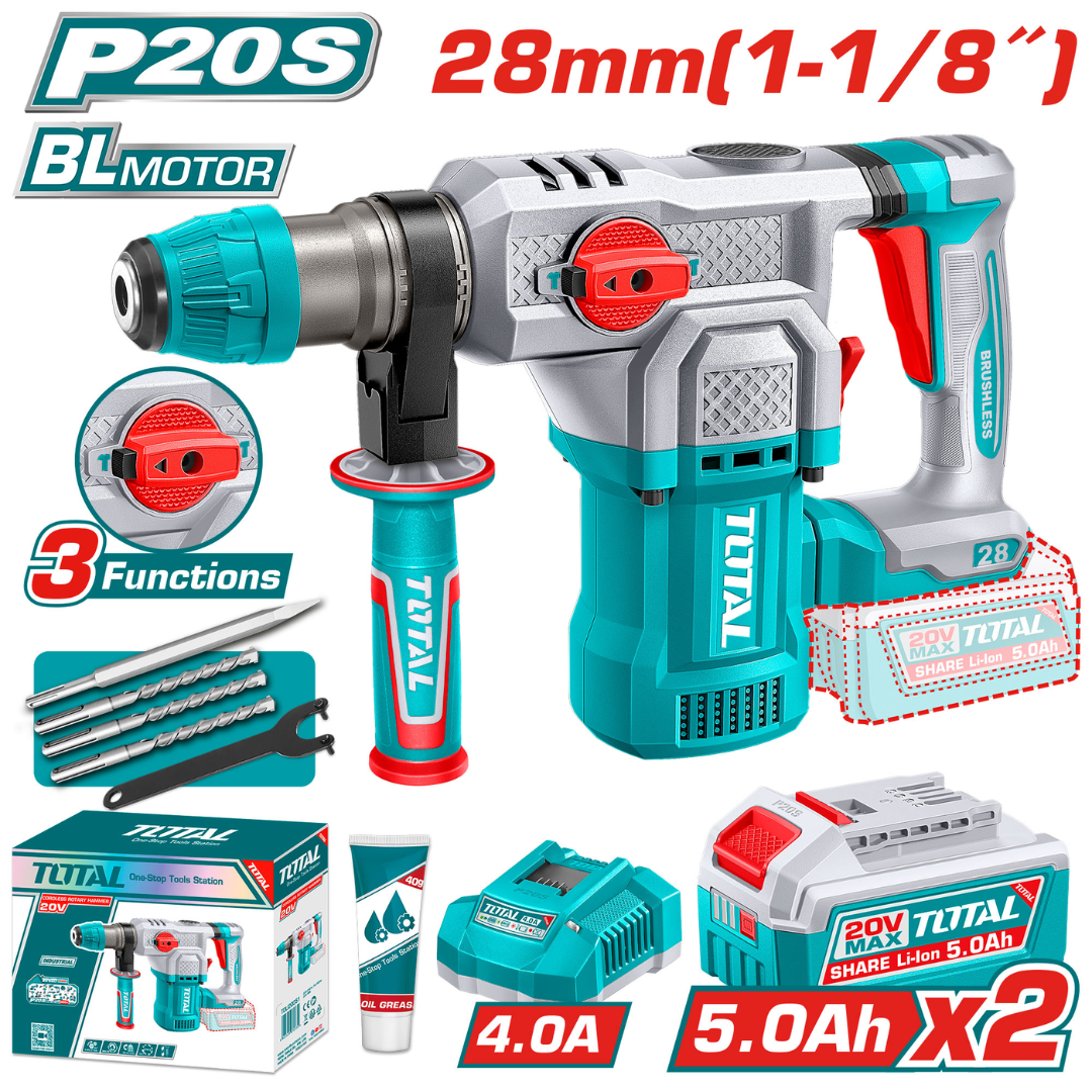 TOTAL 20V Rotary Hammer 28mm 2X5AH+Charger+Acc (KIT)-TRHLI202862
