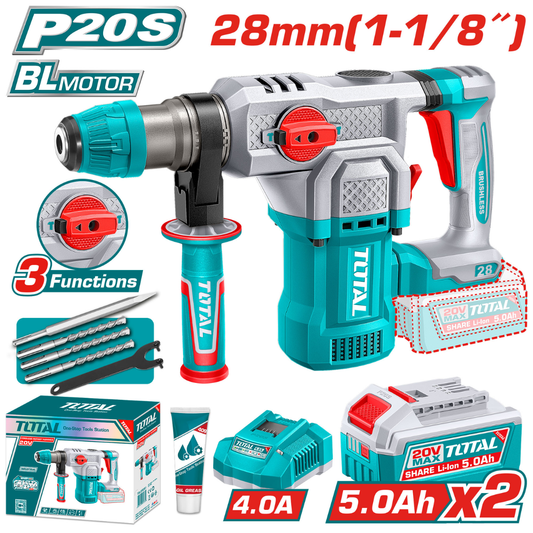 TOTAL 20V Rotary Hammer 28mm 2X5AH+Charger+Acc (KIT)-TRHLI202862