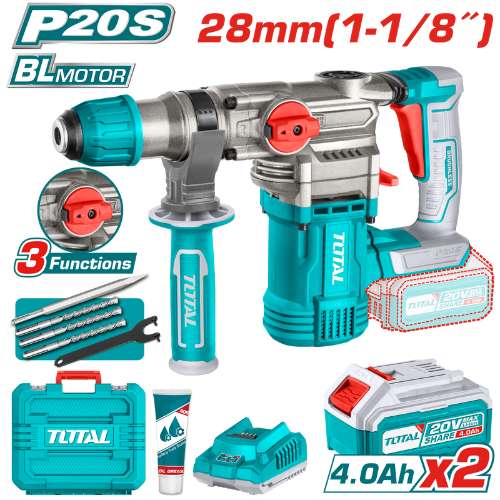 TOTAL 20V Rotary Hammer  28mm 2X4AH+Chger+Acc (KIT) - TRHLI202882