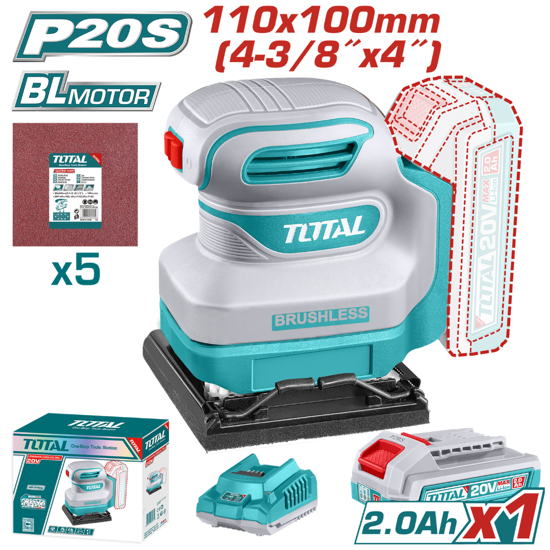 TOTAL 20V SANDER SHEET ORBITAL 110M + 1X2AH + CHARGER - TSHSLI20141