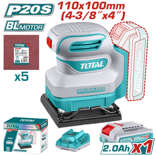 TOTAL 20V SANDER SHEET ORBITAL 110M + 1X2AH + CHARGER - TSHSLI20141