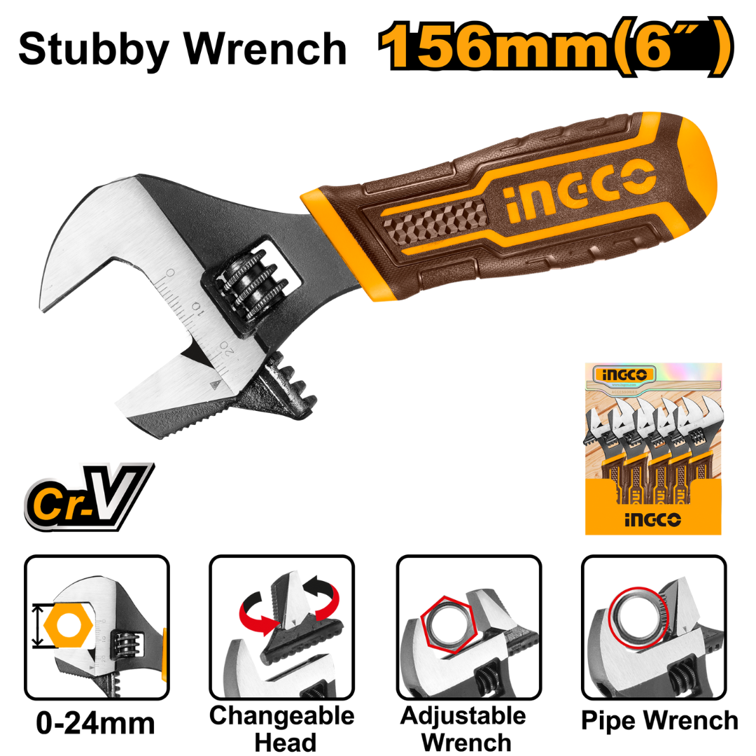 Ingco Stubby Industrial Adjustable Wrench 6" - HADWS088