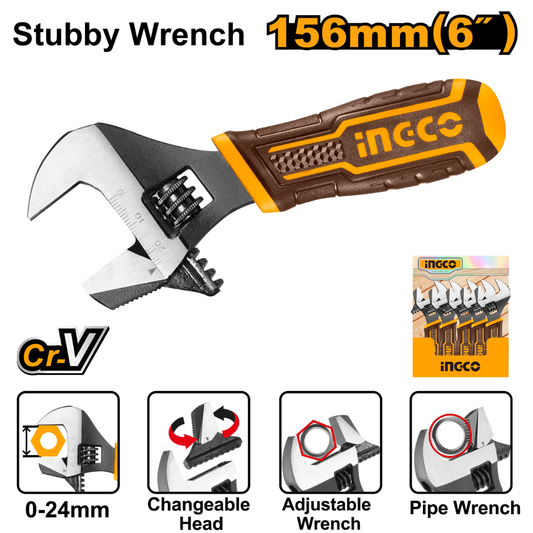 Ingco Stubby Industrial Adjustable Wrench 6" - HADWS088