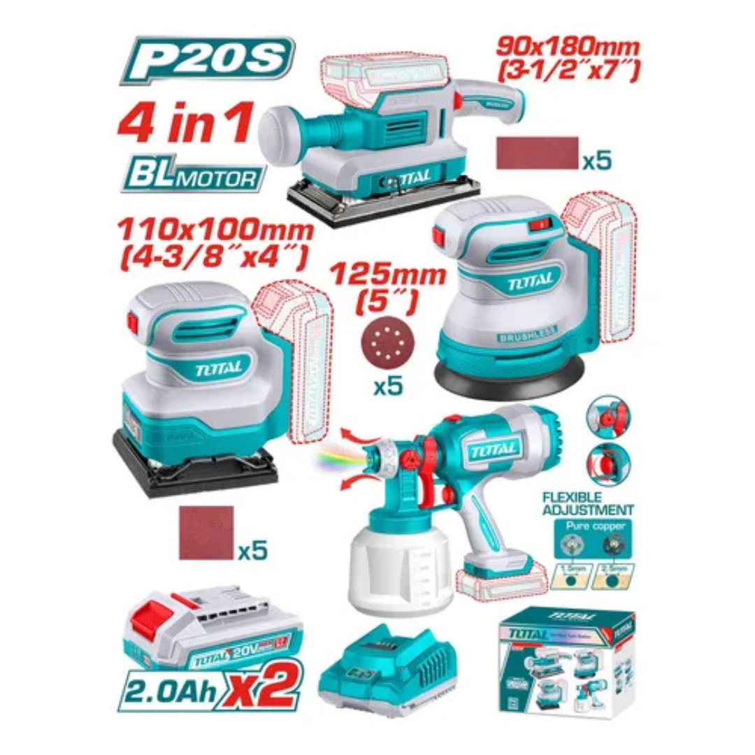 TOTAL 20V COMBO 4PC+Spray Gun+3x20V Sanders+2x2AH – TOSLI250383