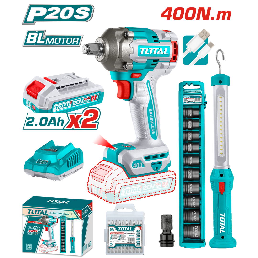 TOTAL 20V COMBO 2PC Impact Wrench 405Nm+Work Lamp – TOSLI23056