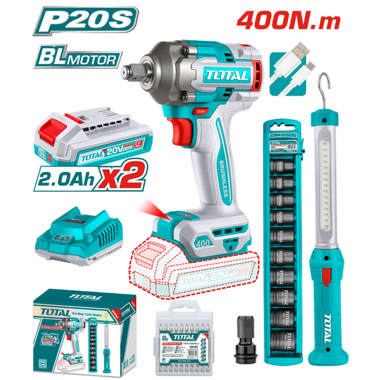 TOTAL 20V COMBO 2PC Impact Wrench 405Nm+Work Lamp – TOSLI23056