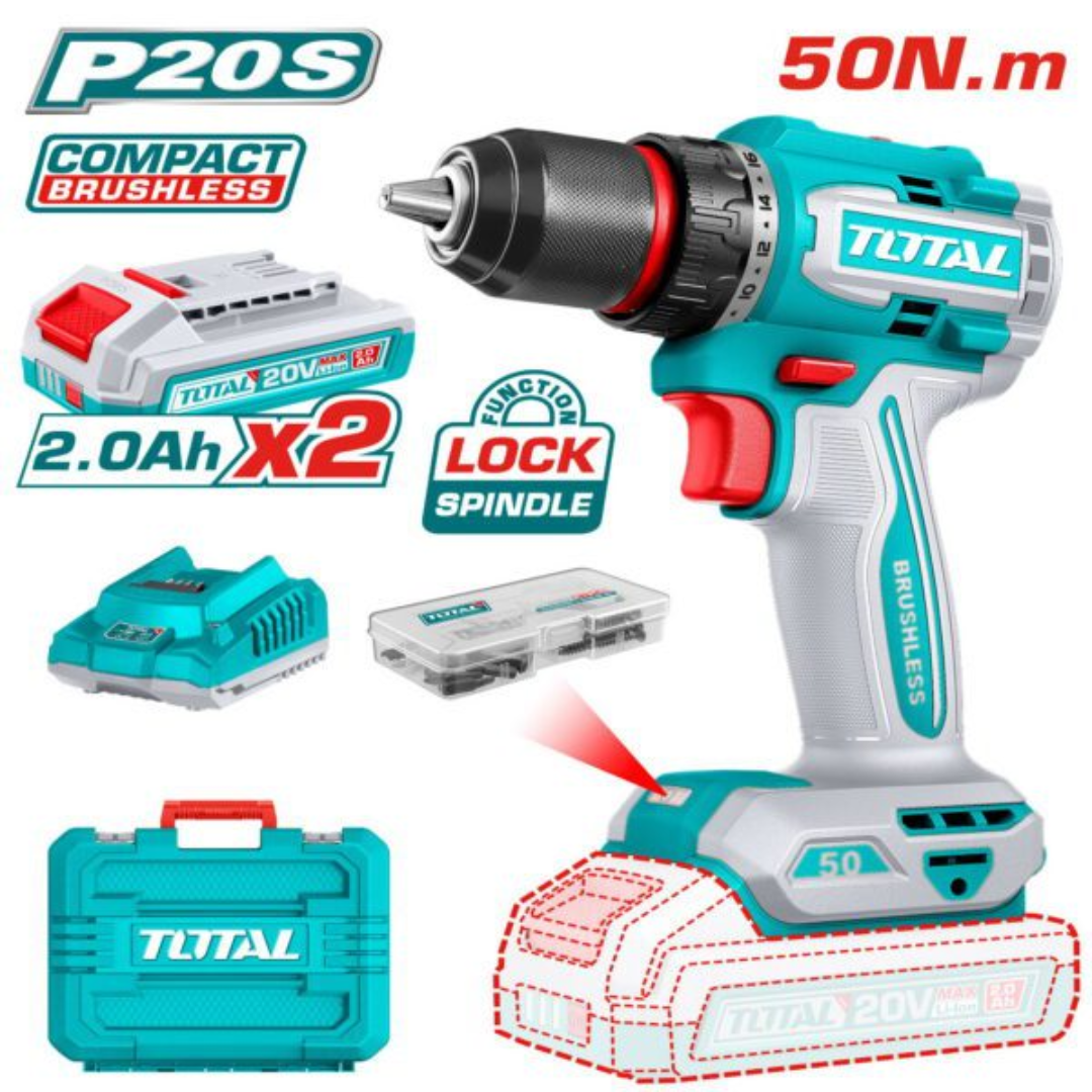 TOTAL 20V Drill Non Impact 50nm 2X2AH+Charger+Acc (KIT) – TDLI205062