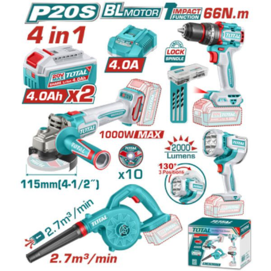 TOTAL 20V COMBO 4PC Drill 66Nm+115mm Grinder+Blower+W Lamp-TOSLI250993