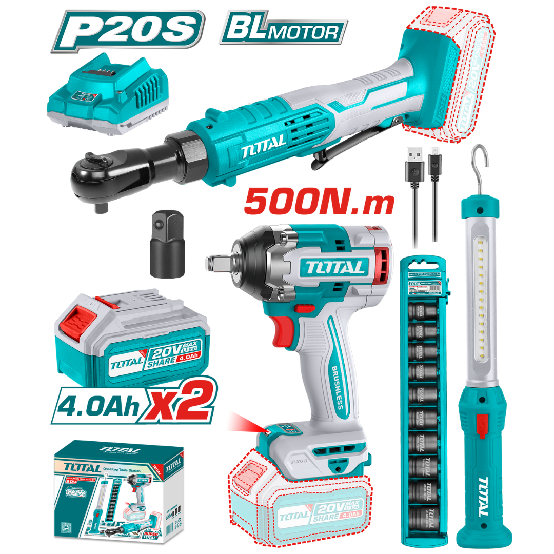 TOTAL 20V COMBO 3PC I/Wrench 500Nm+3/8 Ratchet+Work Lamp – TOSLI250981