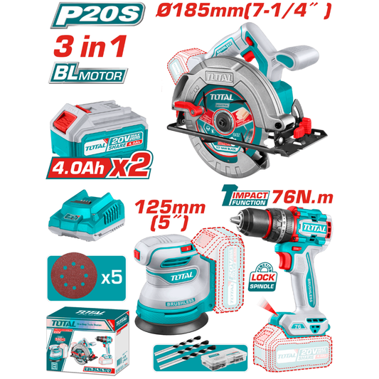 TOTAL 20V COMBO 3PC Drill 76nm+C/Saw185+Sander,2x4AH – TOSLI250181
