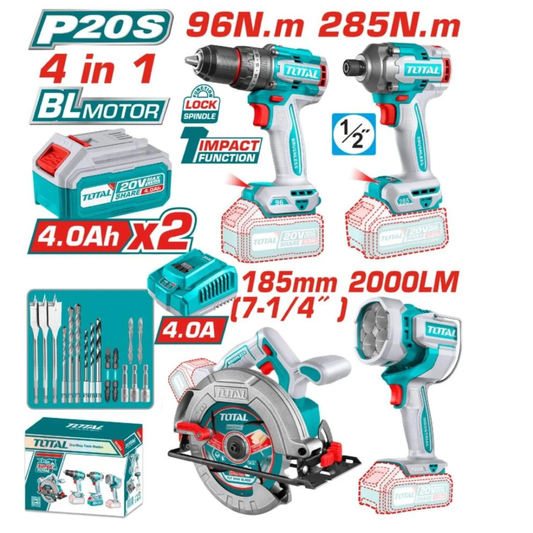 TOTAL 20V COMBO 4PC Drill 96nm+I/Driver+Saw185+Lamp+Acc -TOSLI241297