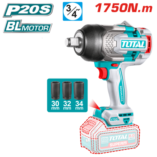 TOTAL 20V Imapct Wrench 1750nm 3/4dr 2x8AH+Charger+Acc – TIWLI20175