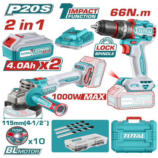 TOTAL 20V COMBO 2PC Drill 66nm+Grinder+1×2-4AH-TCKLI20273