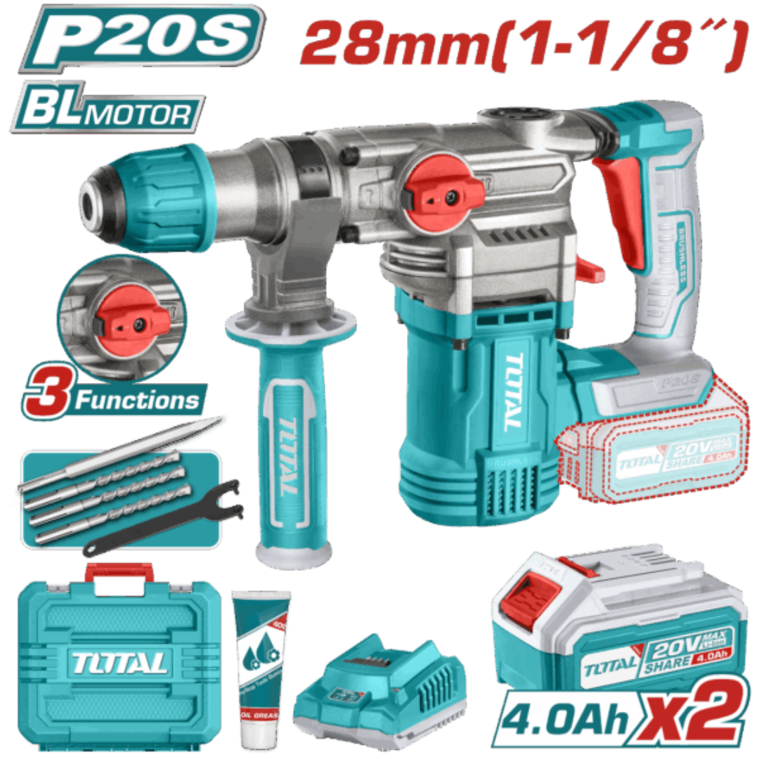 TOTAL 20V Rotary Hammer  28mm 2X4AH+Chger+Acc (KIT) - TRHLI202882