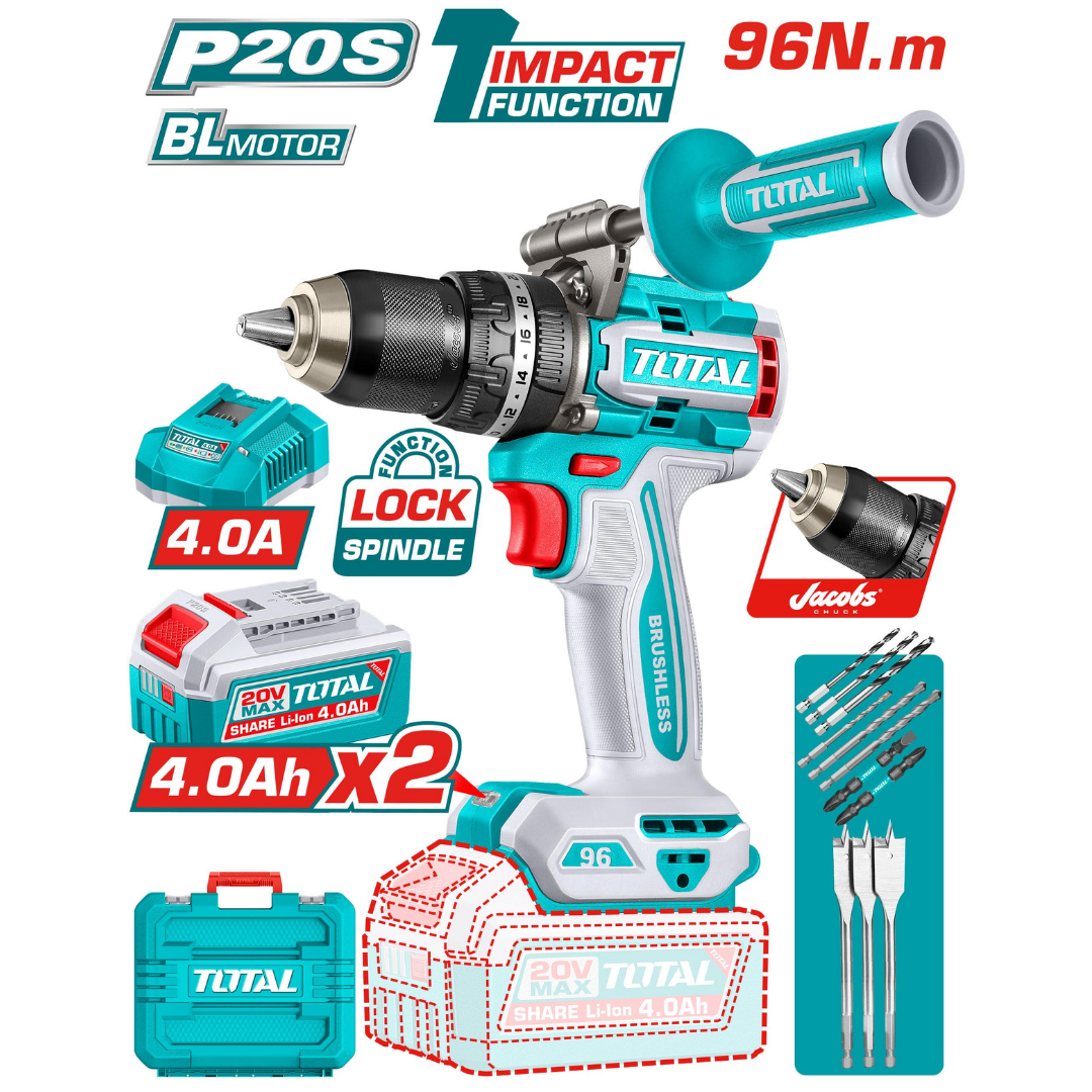 TOTAL 20V Drill Impact 13mm 96Nm B/L 2X4AH+Charger (KIT)-TIDLI209686