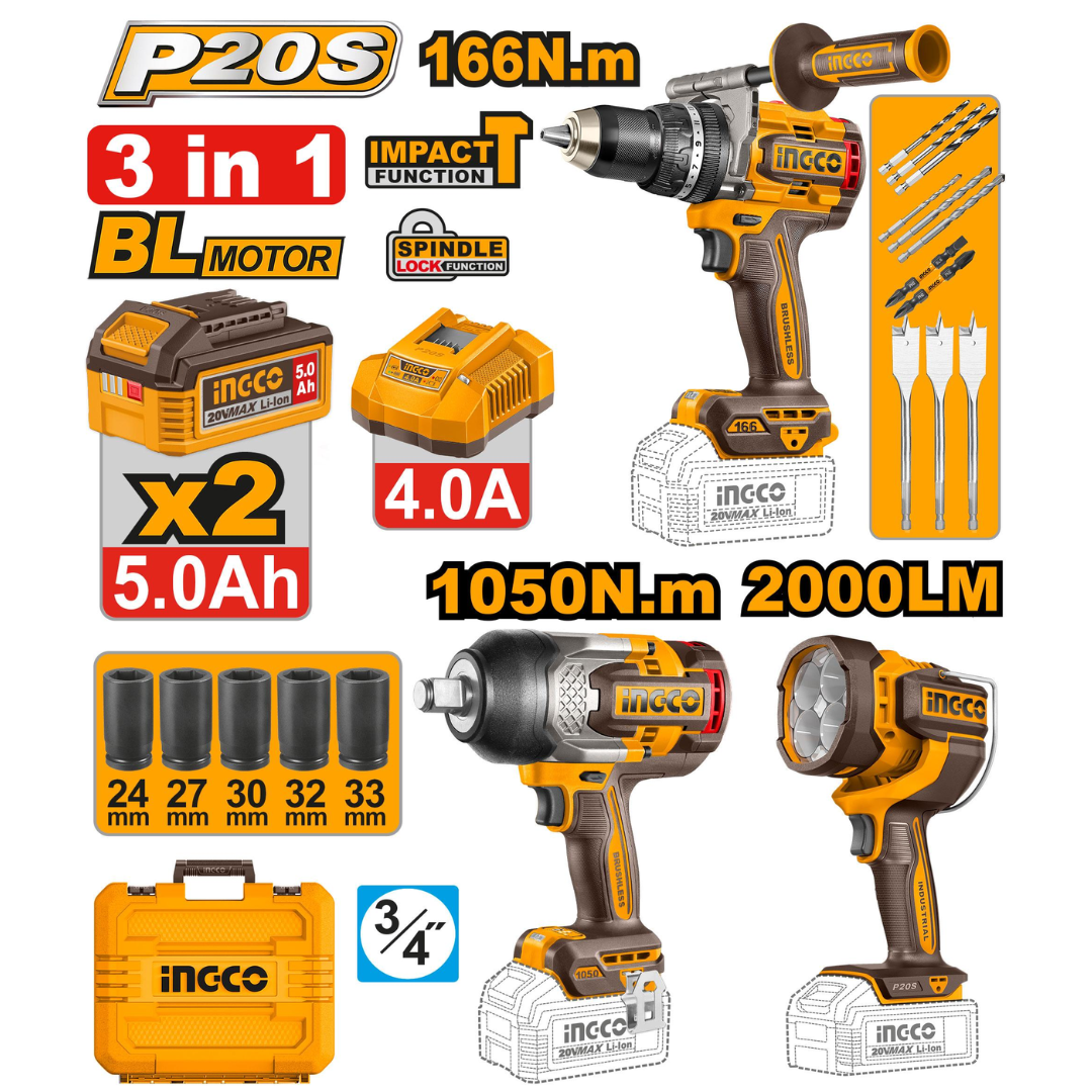 Ingco Cordless Impact Drill, Impact Wrench and Work Lamp Combo Kit - COSLI250882
